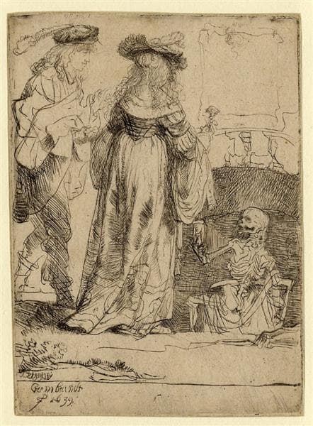 Death appearing to a wedded couple from an open grave by Rembrandt van Rijn