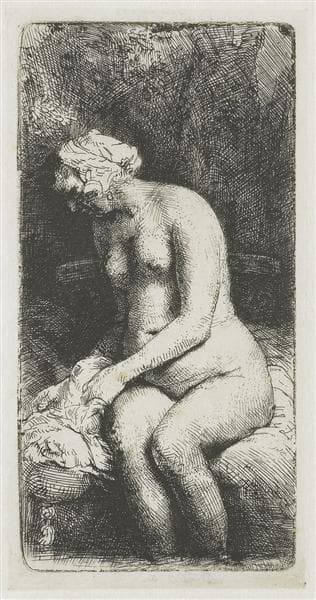 Seated naked woman (Woman bathing her feet at a brook) by Rembrandt van Rijn