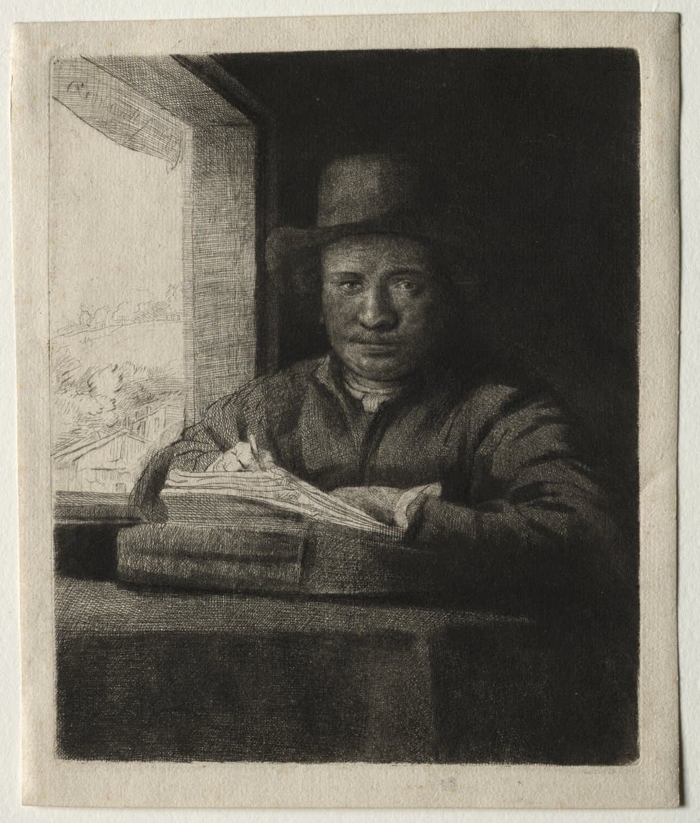 Self-portrait drawing at a window by Rembrandt van Rijn