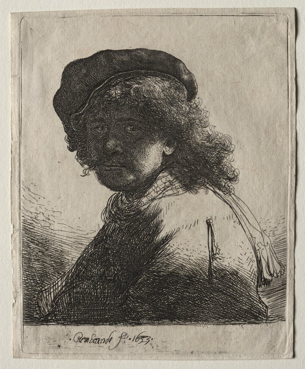Self-portrait in a cap and scarf with the face dark bust by Rembrandt van Rijn