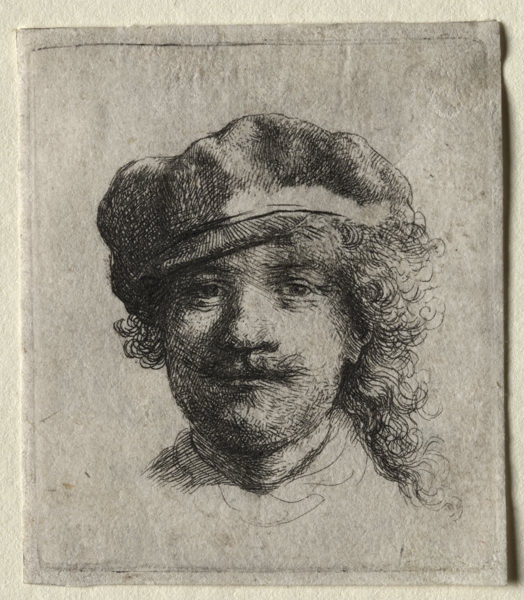 Self-portrait wearing a soft cap full face, head only by Rembrandt van Rijn