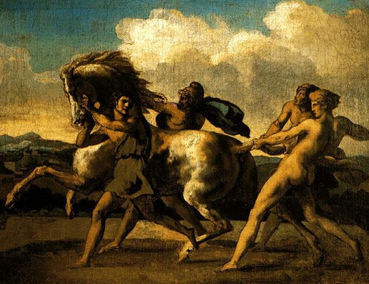 Slaves stopping a horse, study for The Race of the Barbarian Horses by Théodore Géricault