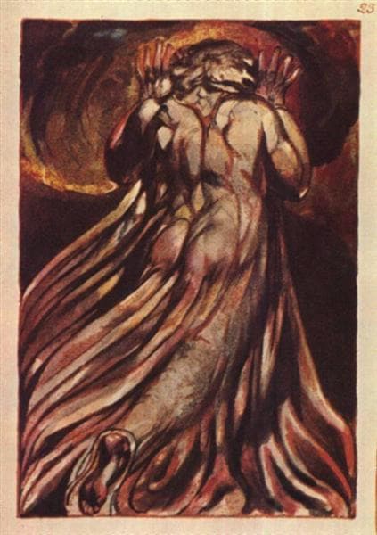 A white haired man in a long, pale robe who flees from us with his hands raised