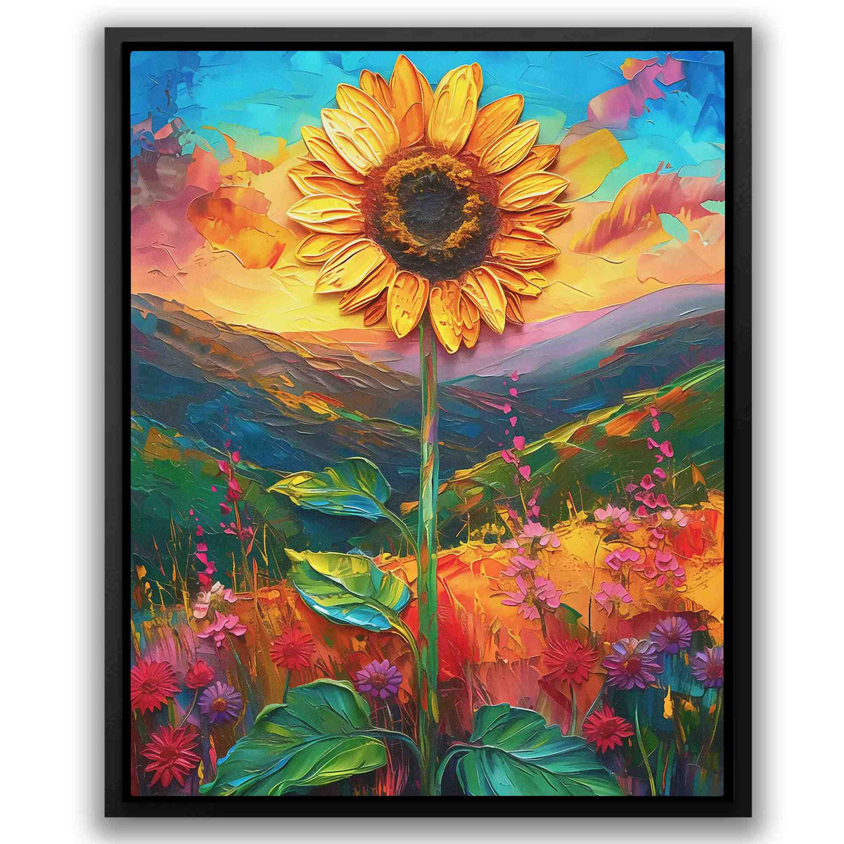 a painting of a sunflower in a field