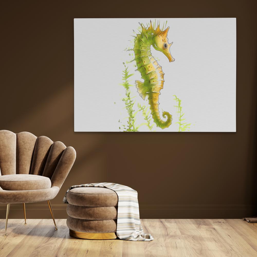 a painting of a sea horse on a white wall