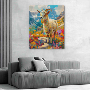 a painting of a goat on a wall above a couch