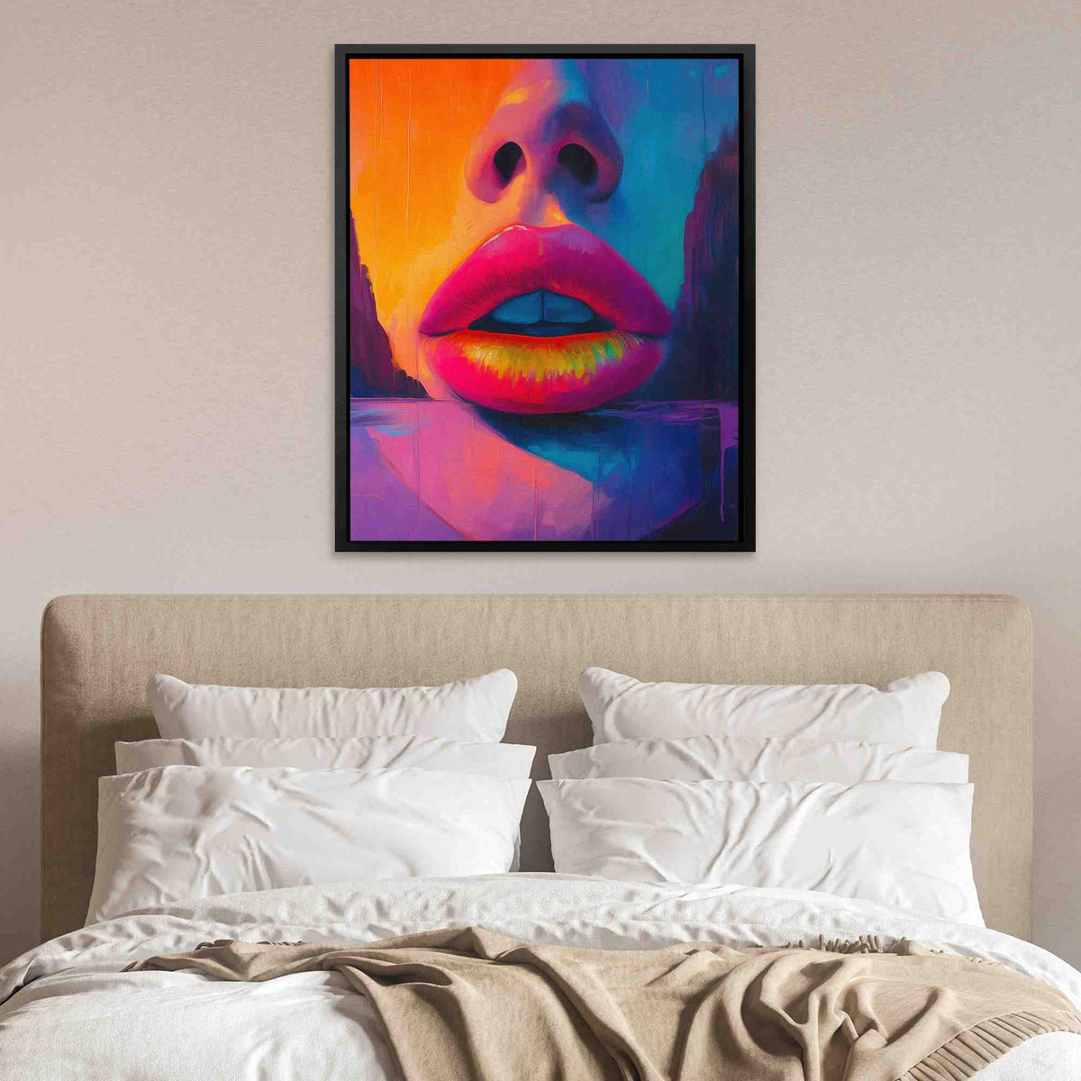 a painting of a woman&#39;s face on a wall above a bed
