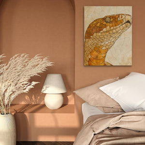 a painting of a snake on a wall above a bed