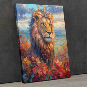 a painting of a lion with a crown on its head