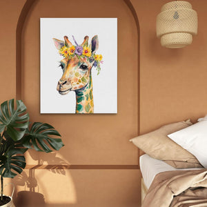 a giraffe with a flower crown on its head