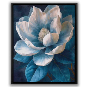 a painting of a white flower with blue leaves