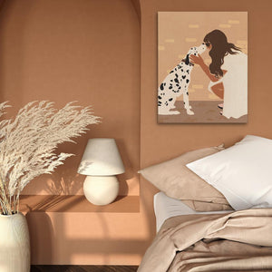 a bedroom with a painting of a girl and a dalmatian on the wall