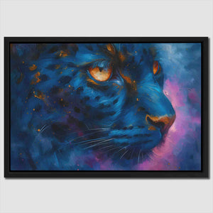 a painting of a blue tiger with orange eyes