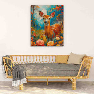 a painting of a deer on a wall above a couch