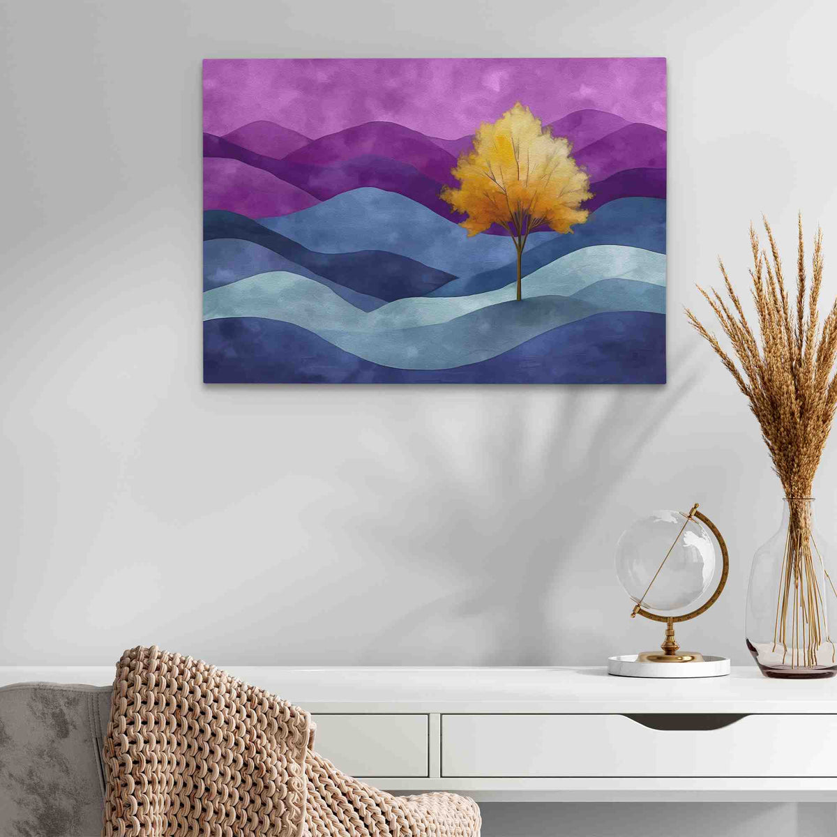 a painting of a yellow tree on a purple background