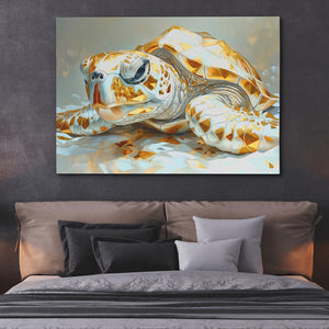 a painting of a turtle on a wall above a bed