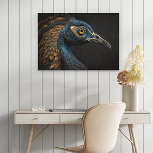 a painting of a peacock on a wall above a desk