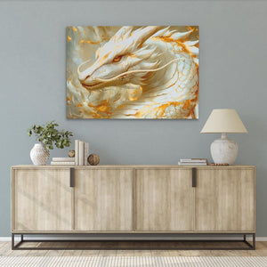 a painting of a white dragon on a blue wall