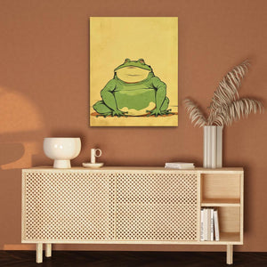 a green frog sitting on top of a wooden cabinet