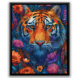 a painting of a tiger surrounded by flowers
