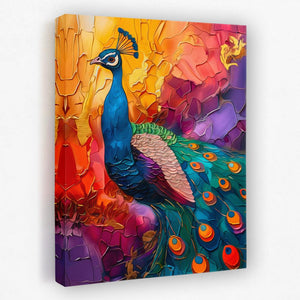 a colorful painting of a peacock on a white background