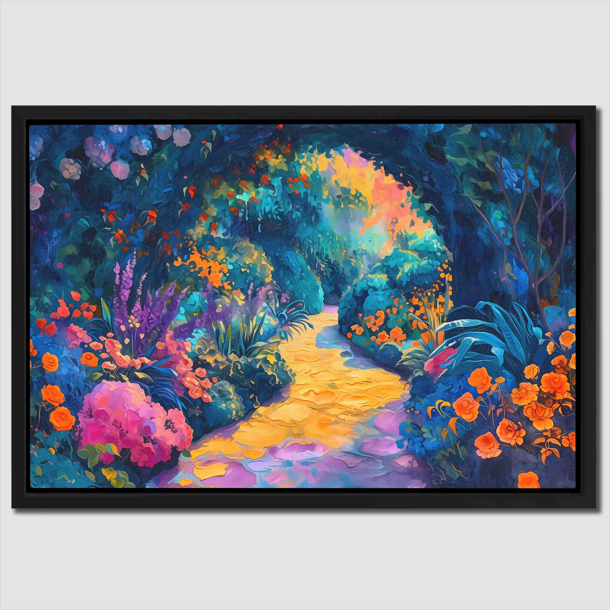 a painting of a garden with flowers and trees