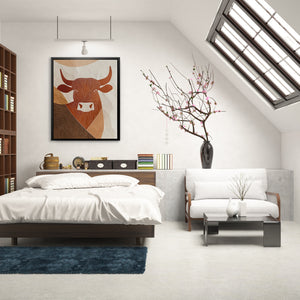 a bedroom with a bed, a couch and a book shelf