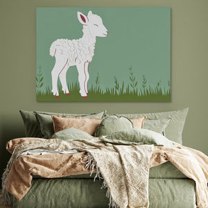 a painting of a lamb on a green wall above a bed