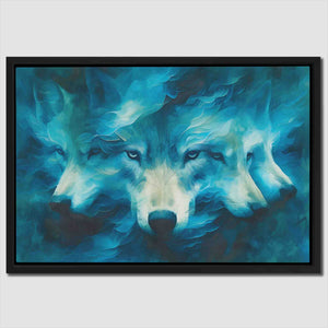 a painting of three wolfs with blue eyes
