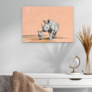 a painting of a rhino and her baby on a wall