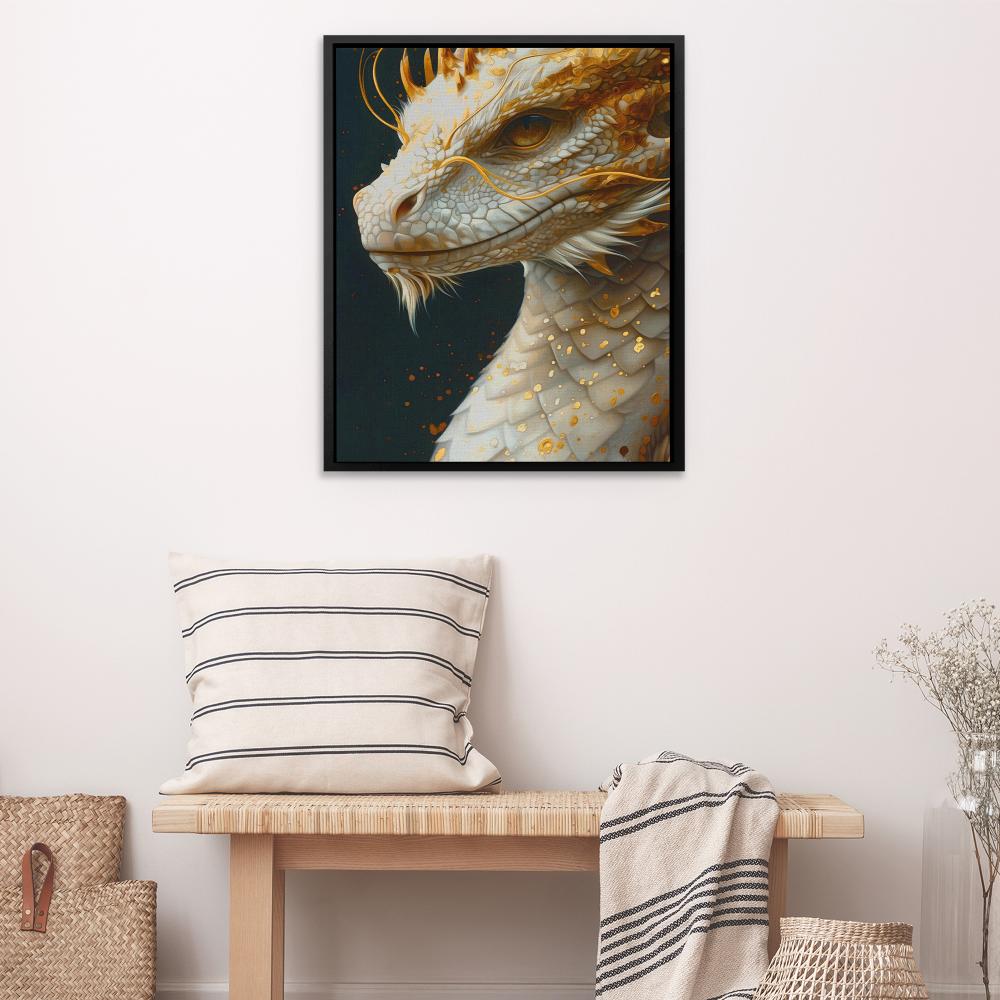 a painting of a white dragon with gold flecks