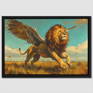 a painting of a lion with wings on a field