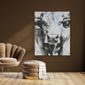 a painting of a cow on a brown wall