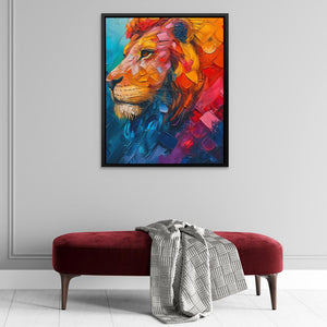 a painting of a lion on a wall above a bench