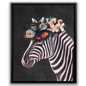 a zebra with a flower crown on its head