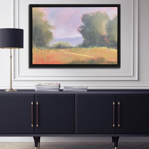 a painting hanging on a wall above a sideboard