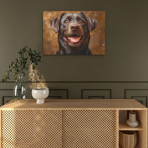 a painting of a dog on a wall above a wooden cabinet