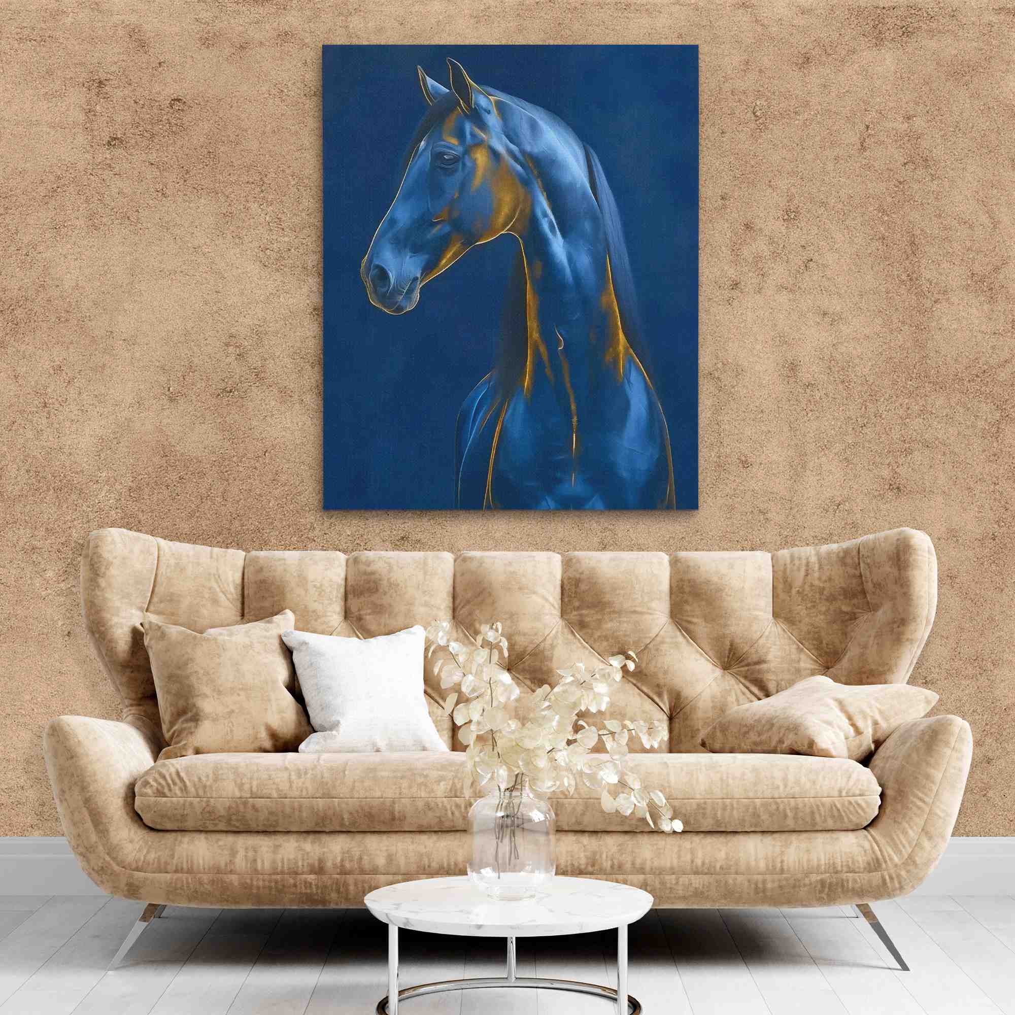 a painting of a blue horse on a blue background