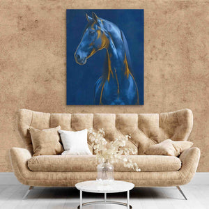 a painting of a blue horse in a living room