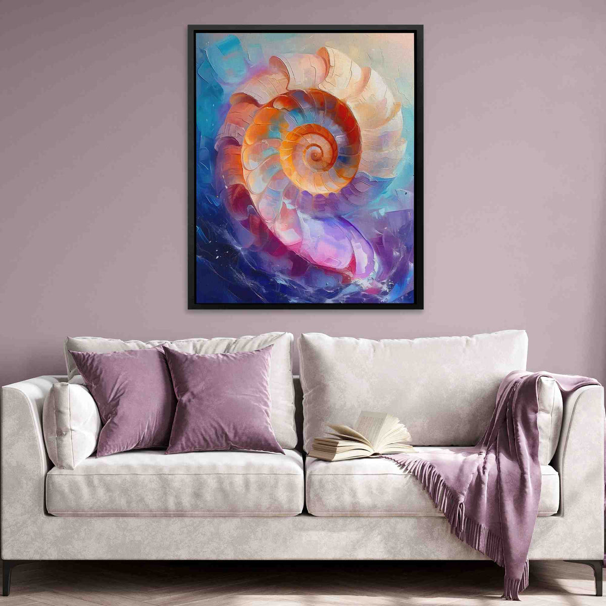 a living room with a couch and a painting on the wall