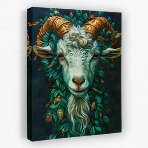 a painting of a goat with long horns