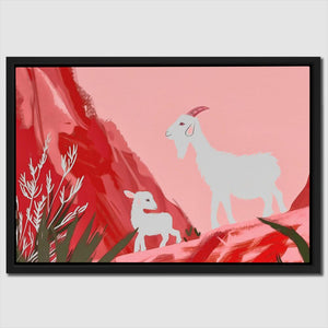 a painting of a goat and a lamb on a pink background