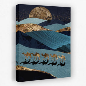 Sahara Stroll: Gold and Blue Desert Camel Art Print - Luxury Wall Art 