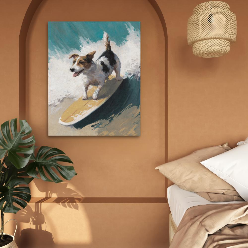 a painting of a dog on a surfboard riding a wave