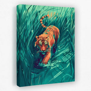 a painting of a tiger walking through tall grass