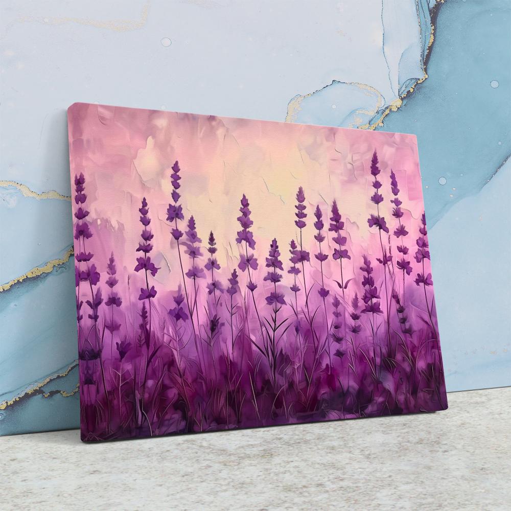 a painting of purple flowers on a white wall