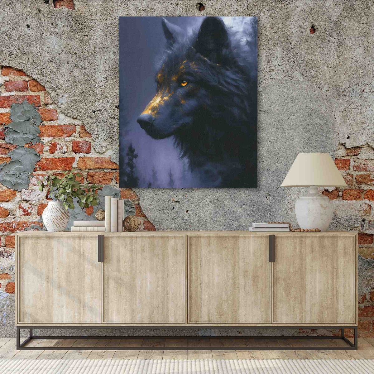 a painting of a wolf on a brick wall