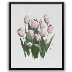 a painting of pink tulips on a white background