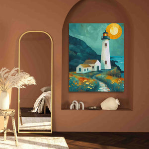 a painting of a lighthouse on a wall next to a mirror