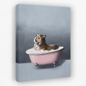 a painting of a tiger laying in a bathtub